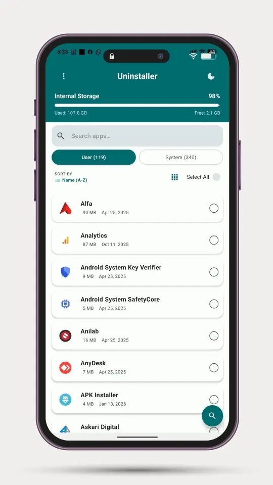 Installed apps list