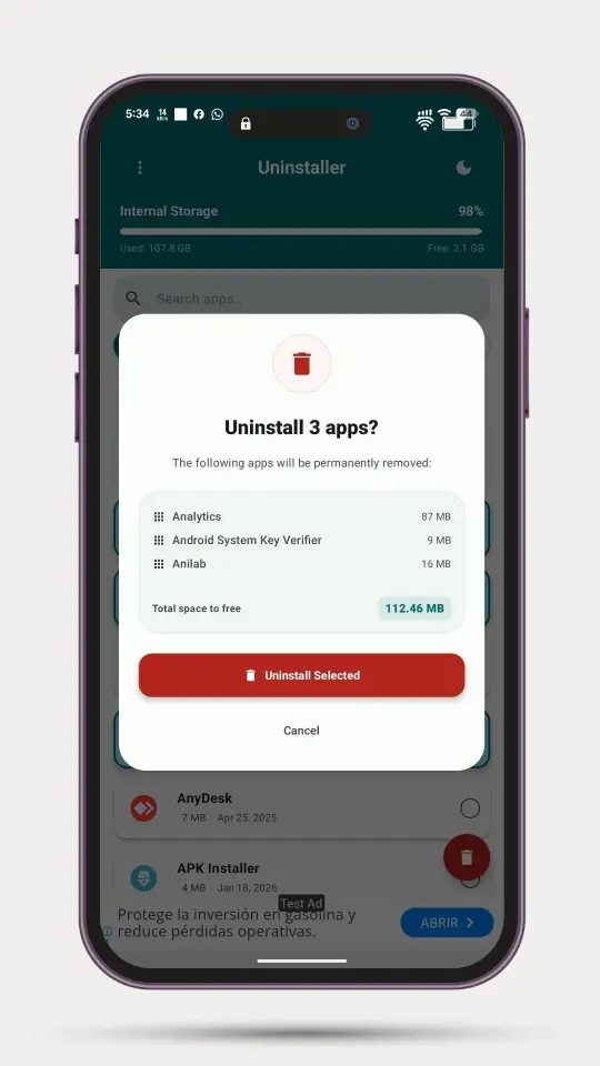 App detail with storage info